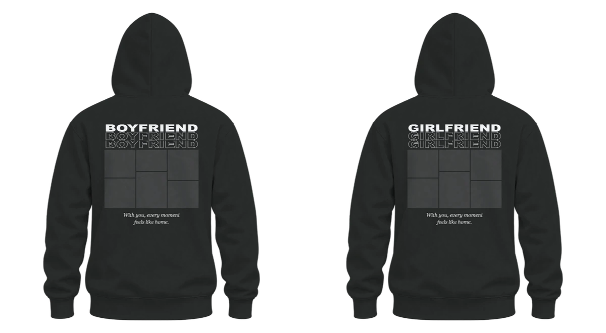 Siyah iki sweatshirtün arkasında BOYFRIEND ve GIRLFRIEND baskısı, doldurulmayı bekleyen altı fotoğraf alanı